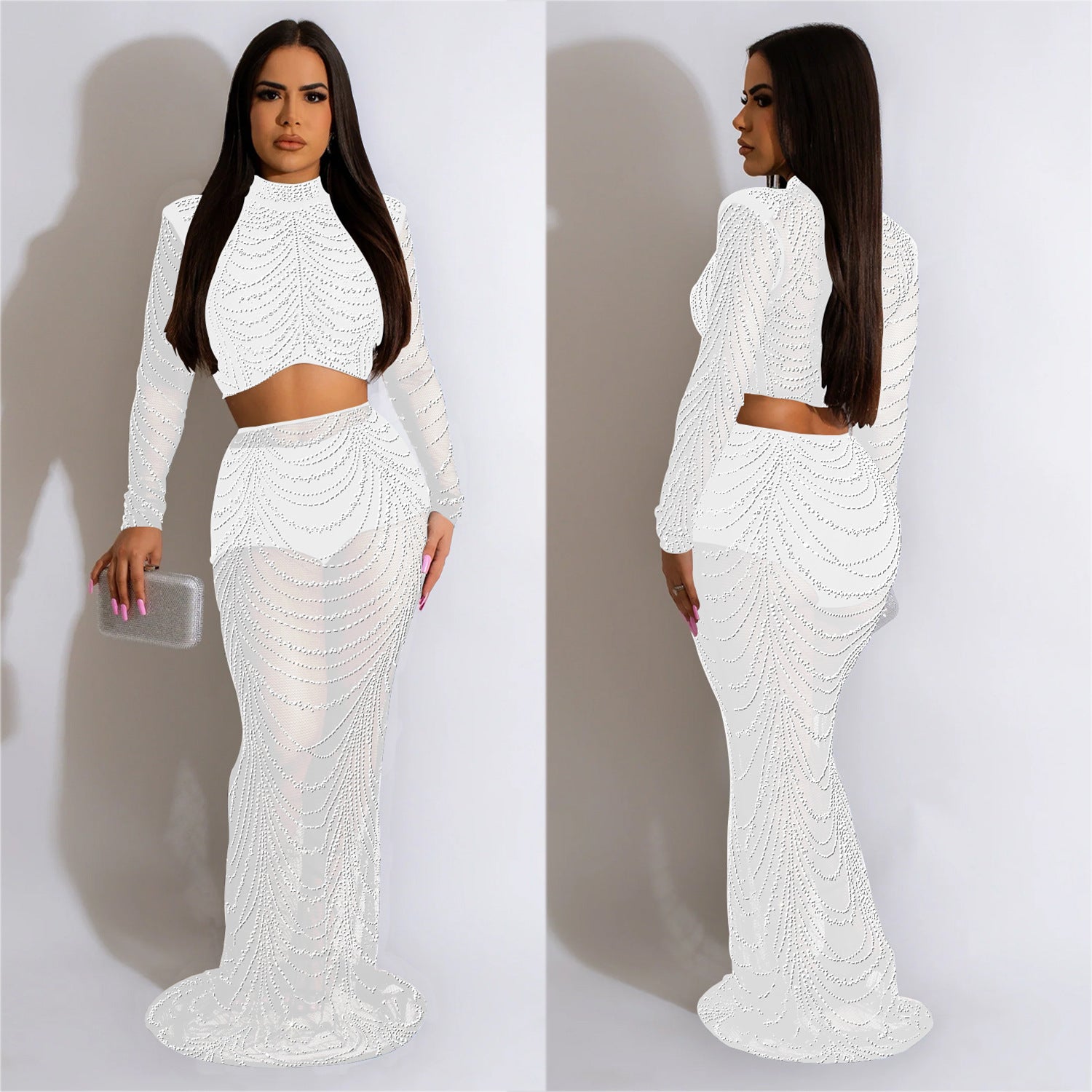 Women's Fashion Solid Color Mesh Beaded Long Sleeve Crop Top Long Skirt Two-Piece Set 5