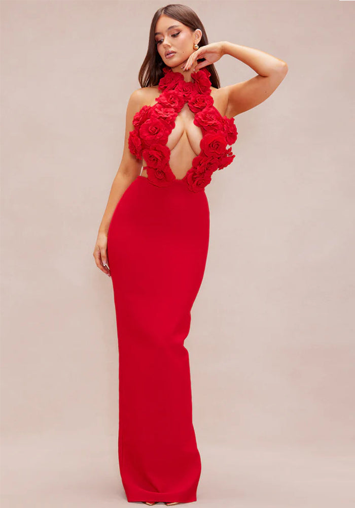 Women Floral Sexy Hollow Backless Halter Neck Red Summer Party and Holiday Bandage Dress