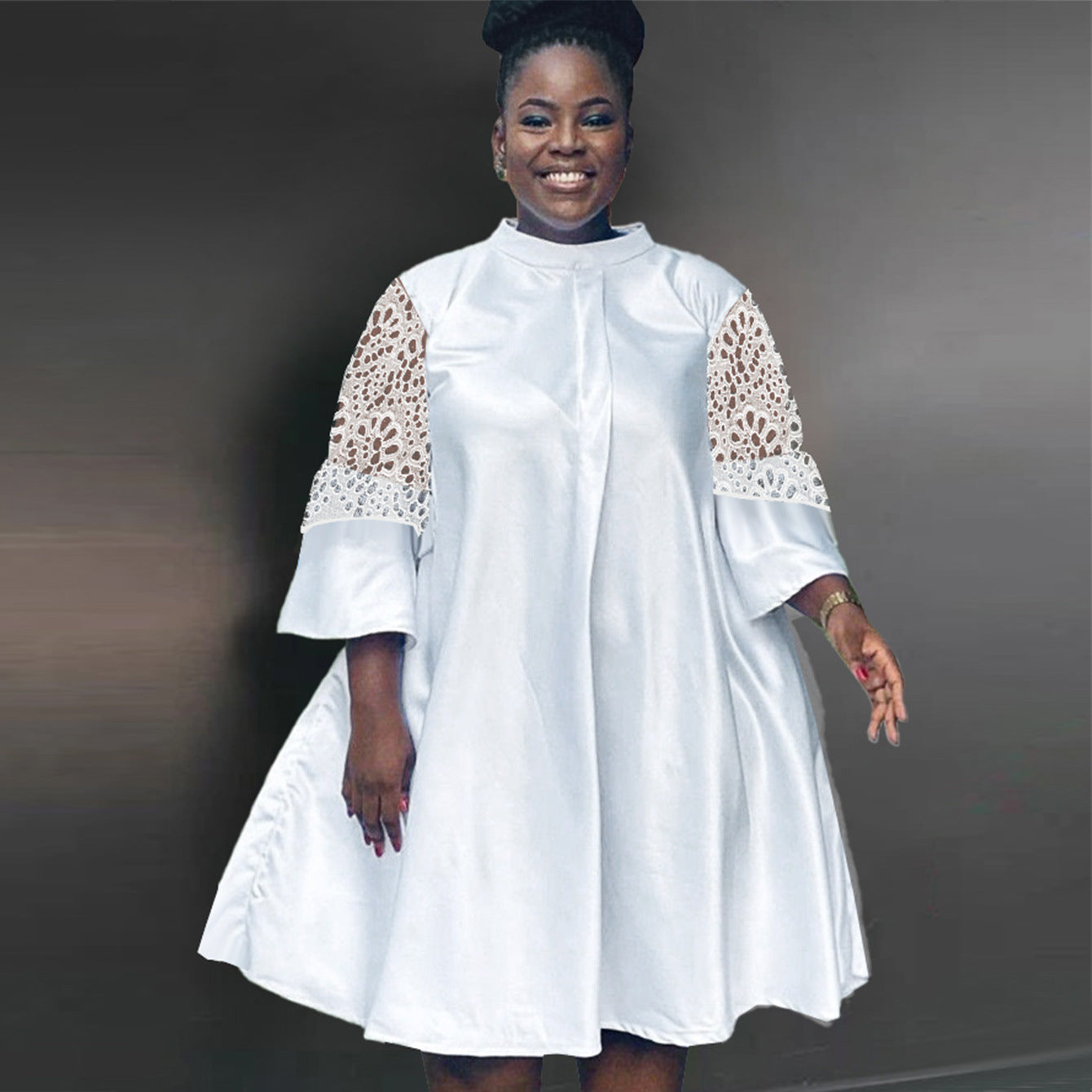 Casual Career Style Bell Bottom Sleeve Dress Plus Size Lace See-Through Patchwork Skirt Dress 3