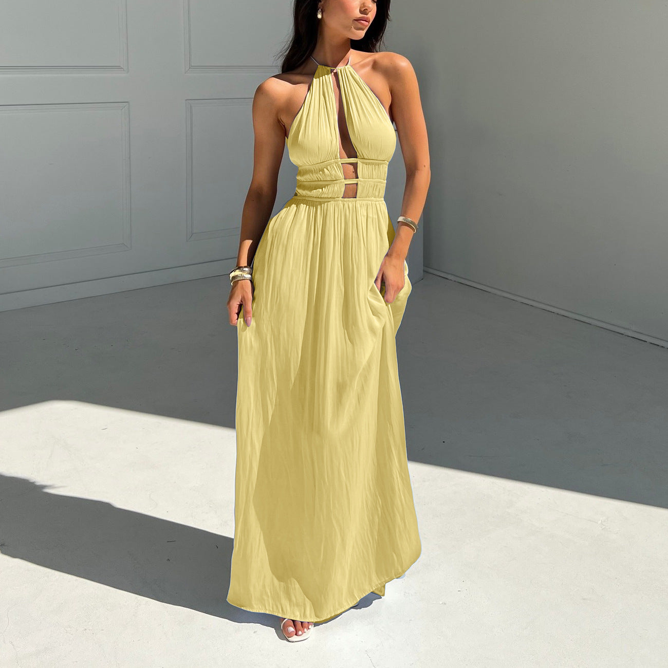Women's Sexy Hollow Halter Off-Shoulder Pleated Maxi Dress 4