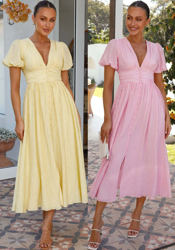 Women's Solid Color V-Neck Long uff Sleeve Maxi Dress