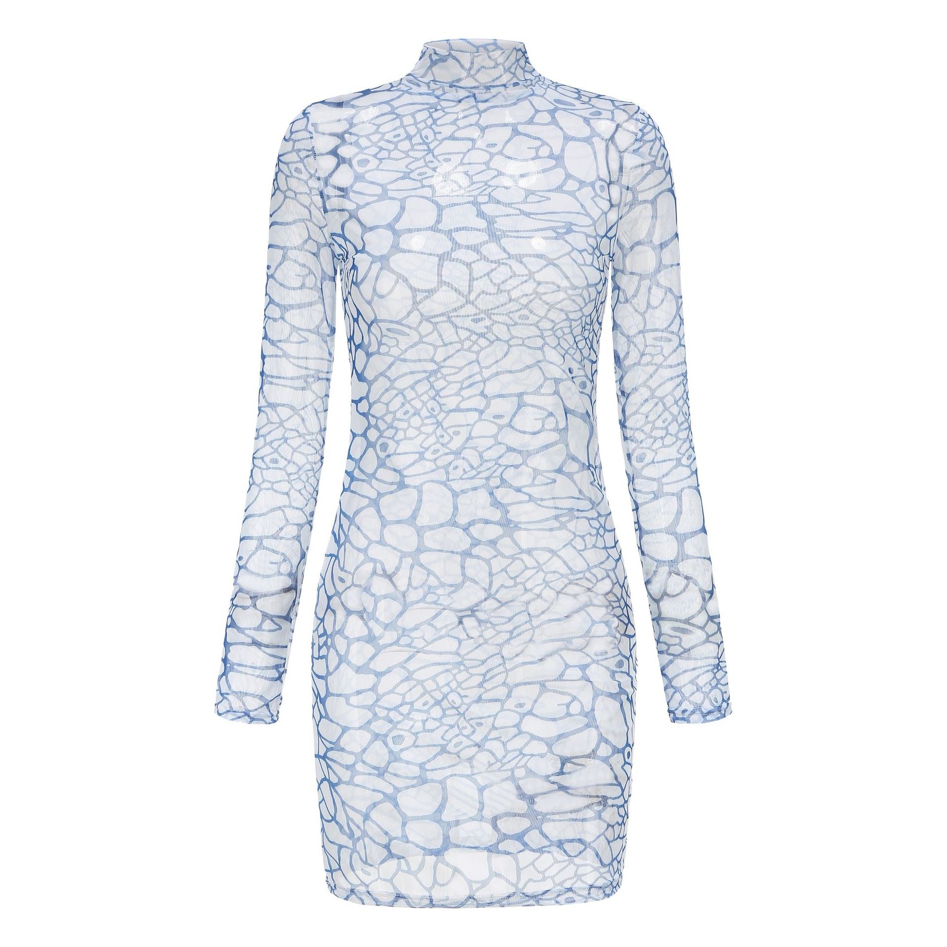 Women Spring Printed Mesh See-Through Hollow Round Neck Single Sleeve Dress 5