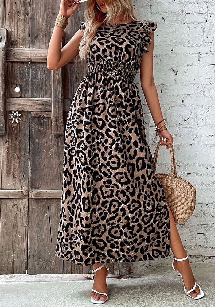 Women Pleated Leopard Round Neck Short Sleeve Dress