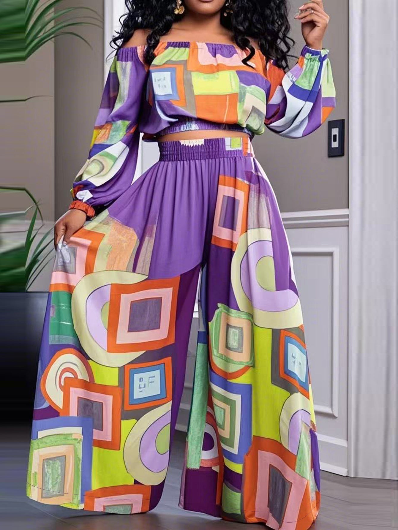 Women's Fashion Elegant Off Shoulder Long Sleeve Top Loose Wide Leg Pants Casual Set 3