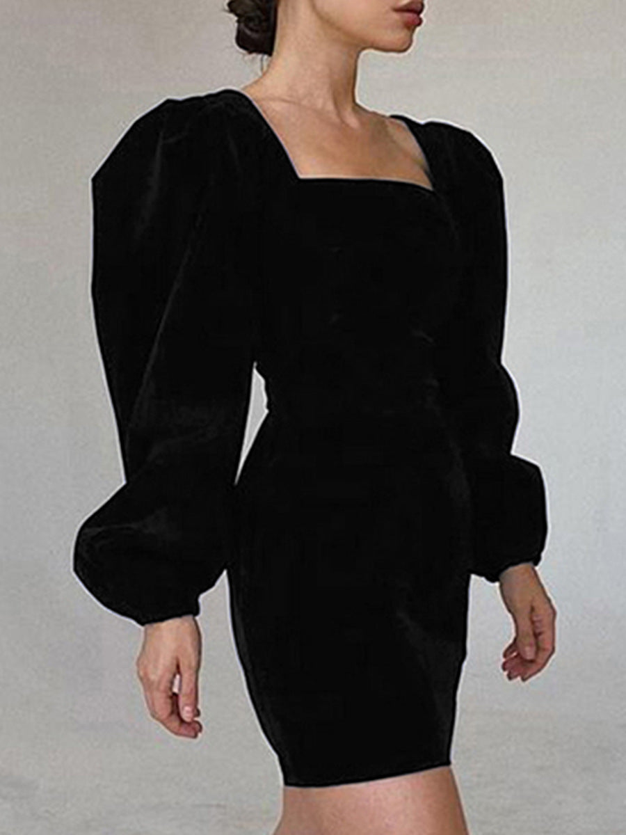 Autumn and winter black velvet dress women's fashion square neck puff sleeves Bodycon dress 6