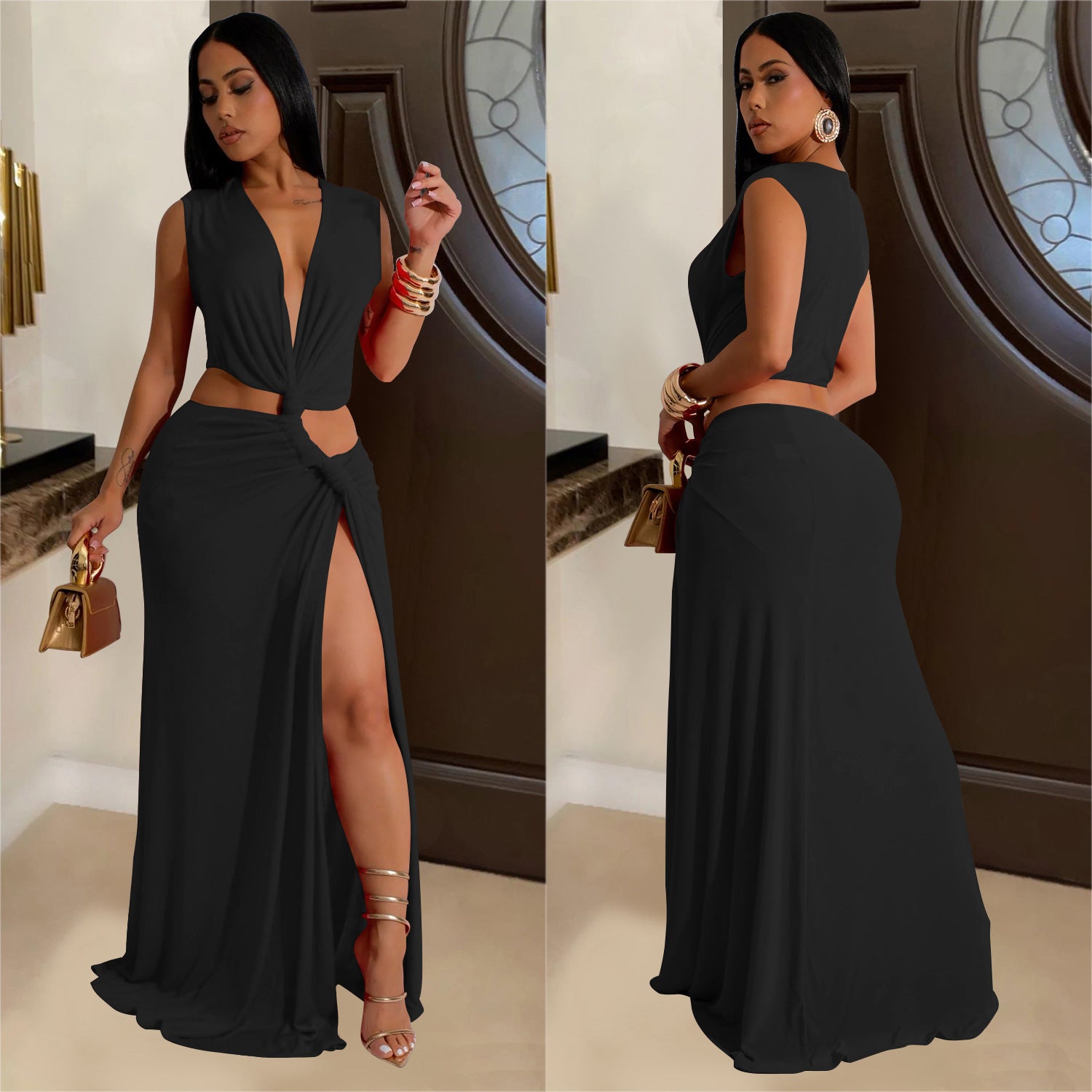 Women Sleeveless V Neck Slit Dress