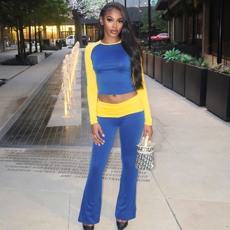 Women Contrast Raglan Long Sleeve Top and Folded Flared Trousers Two-Piece Set 6