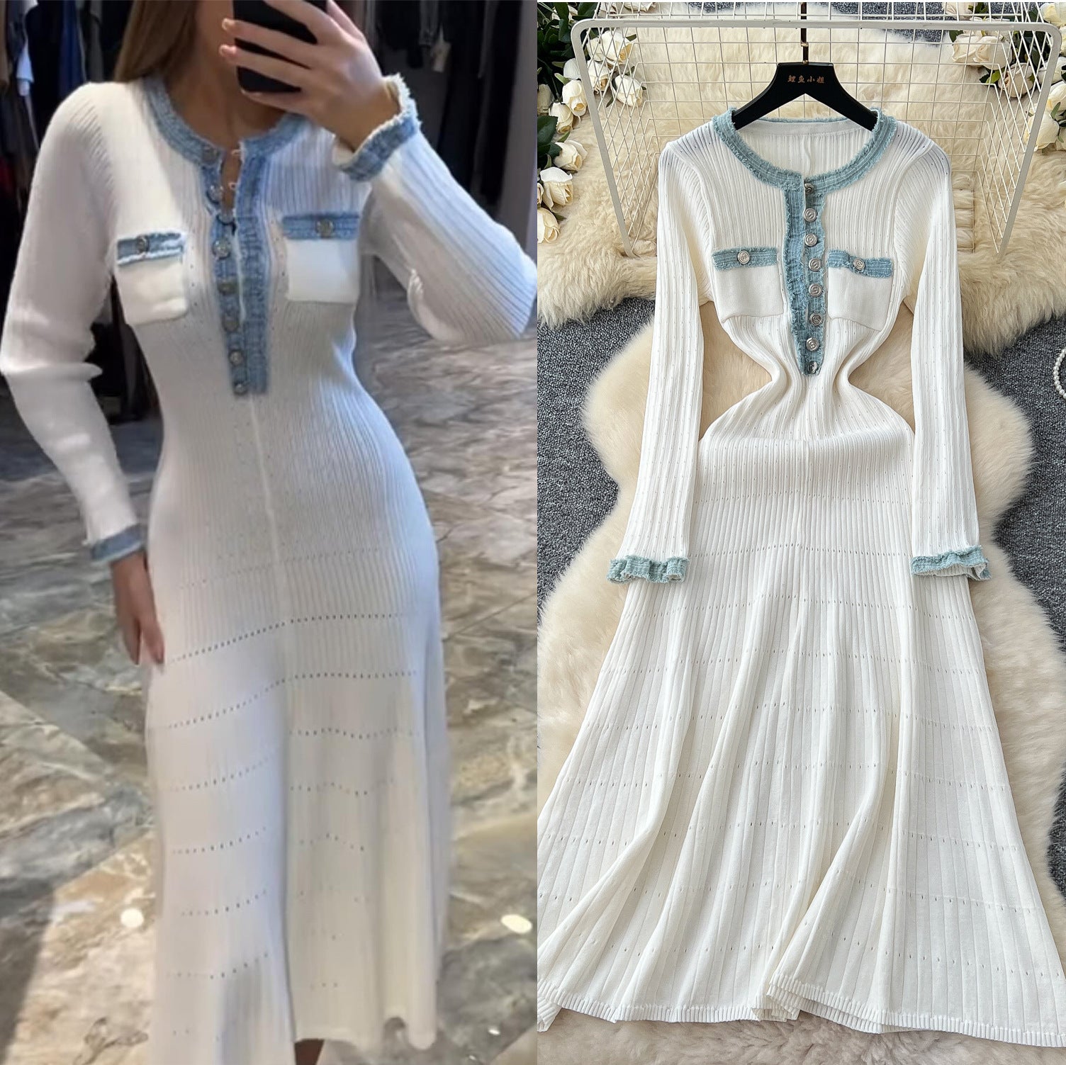 Women Fall/Winter Round Neck Denim Patchwork Long-Sleeved Knitting Dress 5