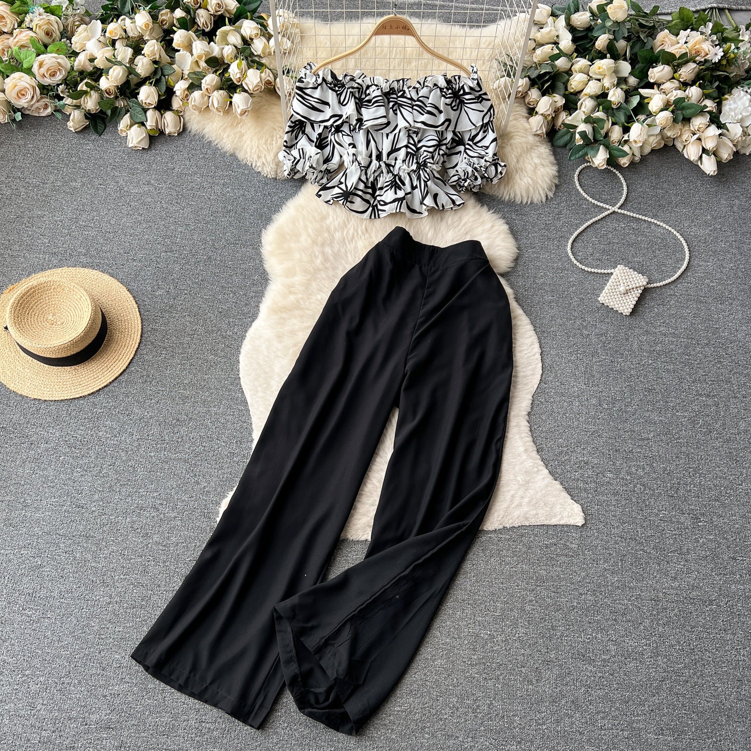 Women French Off Shoulder Ruffled Floral Blouse and Wide Leg Pants Two-Piece Set 18