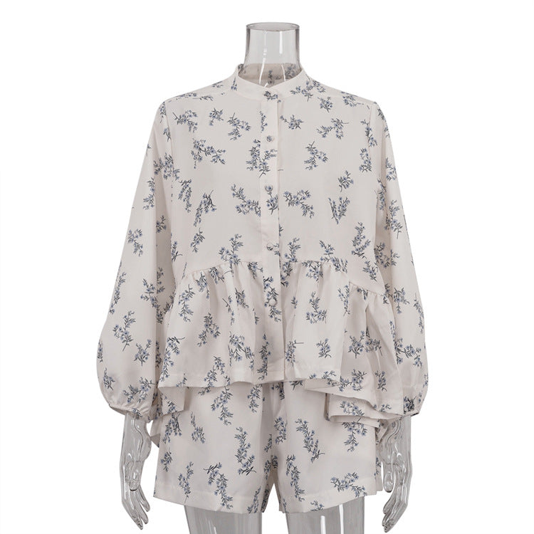 Puff Sleeve Ruffled Puff Shirt Printed Shorts Two Piece Set 6