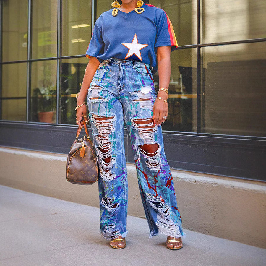 Summer Graffiti Print Ripped Straight-Leg Denim Pants 4
