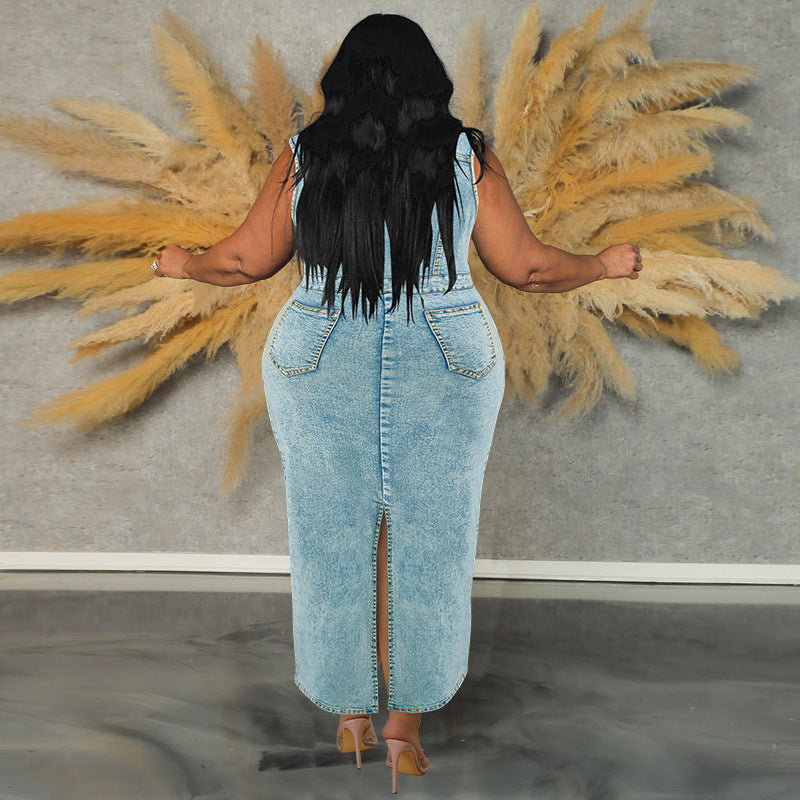 Plus Size Women's Sleeveless Turndown Collar Slit Denim Dress 3