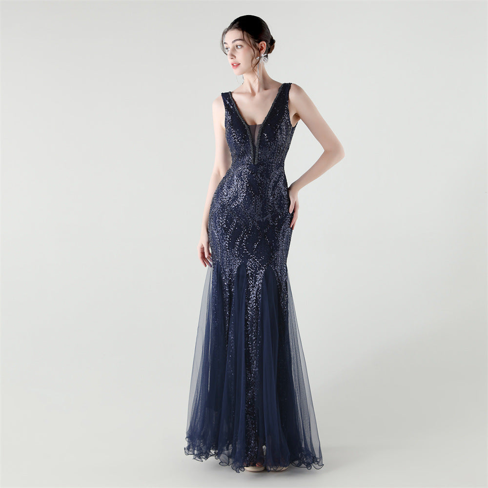 Deep V Fishtail Sequin Mesh Formal Party Evening Dress 22