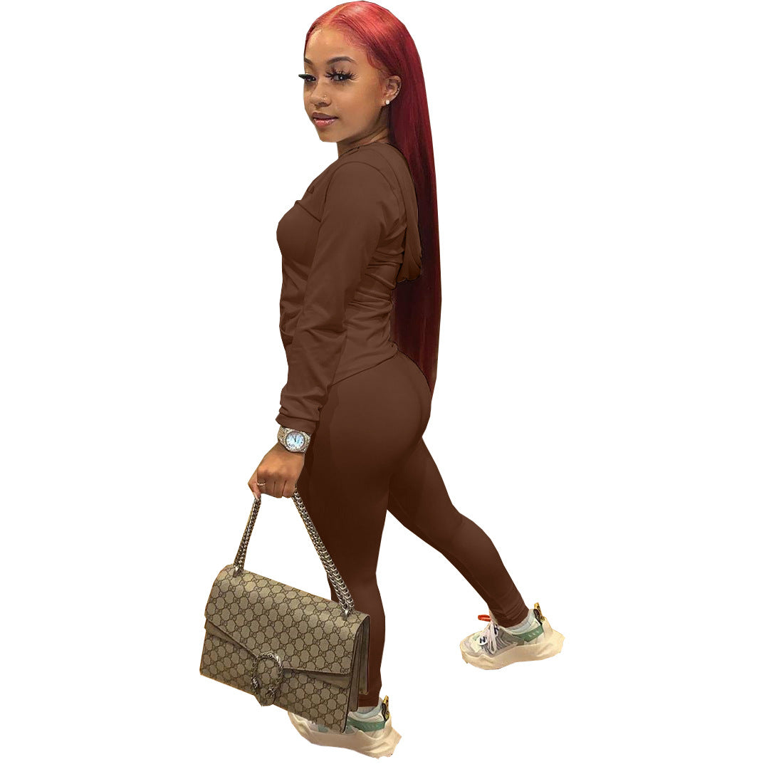 Women Summer Sports Hooded Full Sleeves Solid Pockets Regular Two Piece Pants Set 47