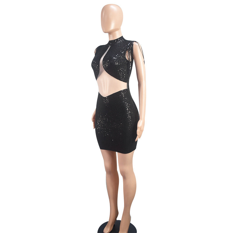 Women Tassel Sequin Sexy Hollow Bodycon Dress 6