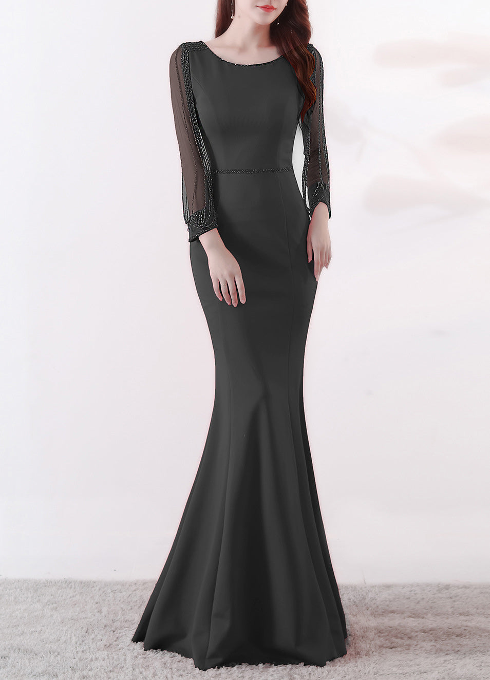 Bridal toast autumn long-sleeved rhinestone chain mermaid long evening dress 3