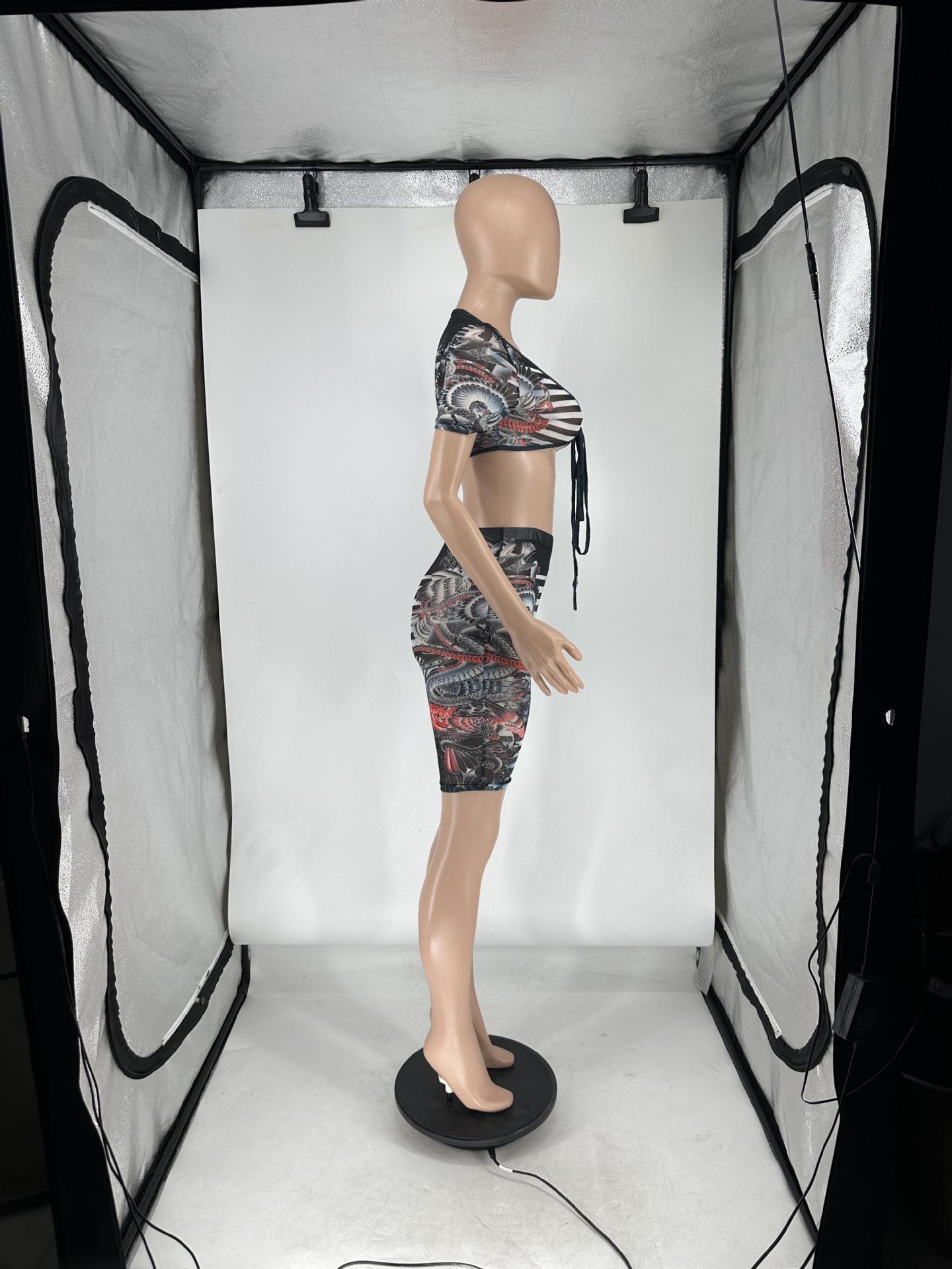 Women's See-Through Print Mesh Lace-Up Short-Sleeved Top Shorts Two-Piece Set 9