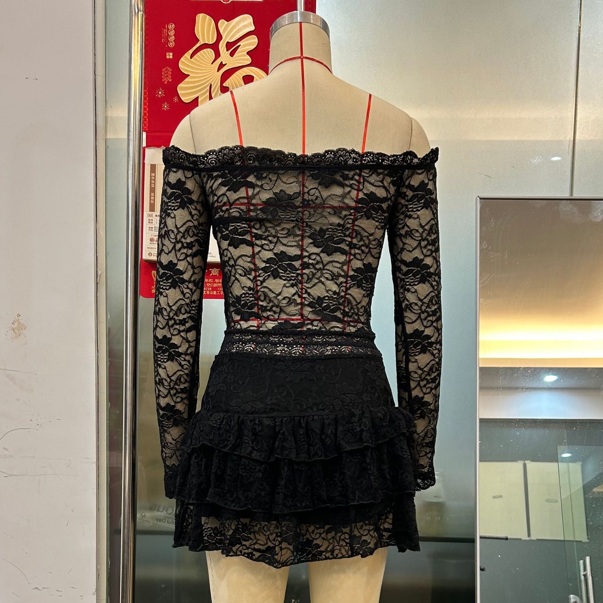 Women's Mesh Lace Trim Sexy Long Sleeve Top with Tiered Mini Skirt Two-Piece Set 11