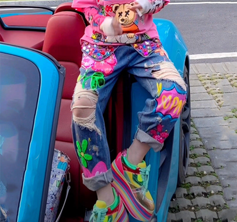 Women Beading Ripped Denim Loose Pants 5