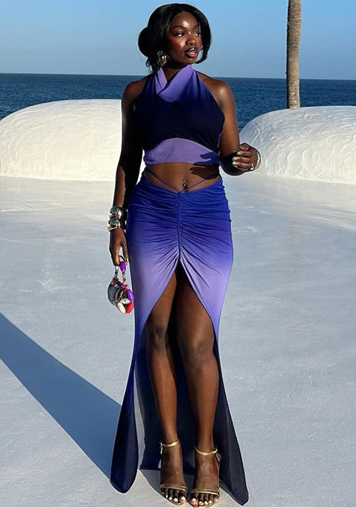 Women's Fashion Printed Sexy Sleeveless Low Back Vest Split Skirt Two-Piece Set