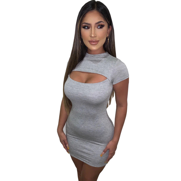 Sexy Solid Color Hollow Short Sleeve Bodycon Dress 11