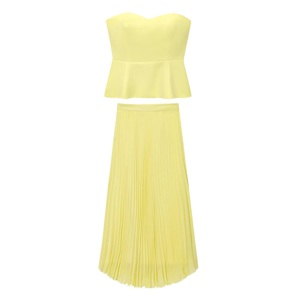 Women summer sleeveless strapless top pleated skirt two-piece set 7