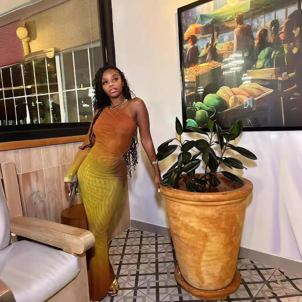 Summer Fashion Print Sexy Slash Shoulder Single Sleeve Gradient Color Bodycon Dress 4