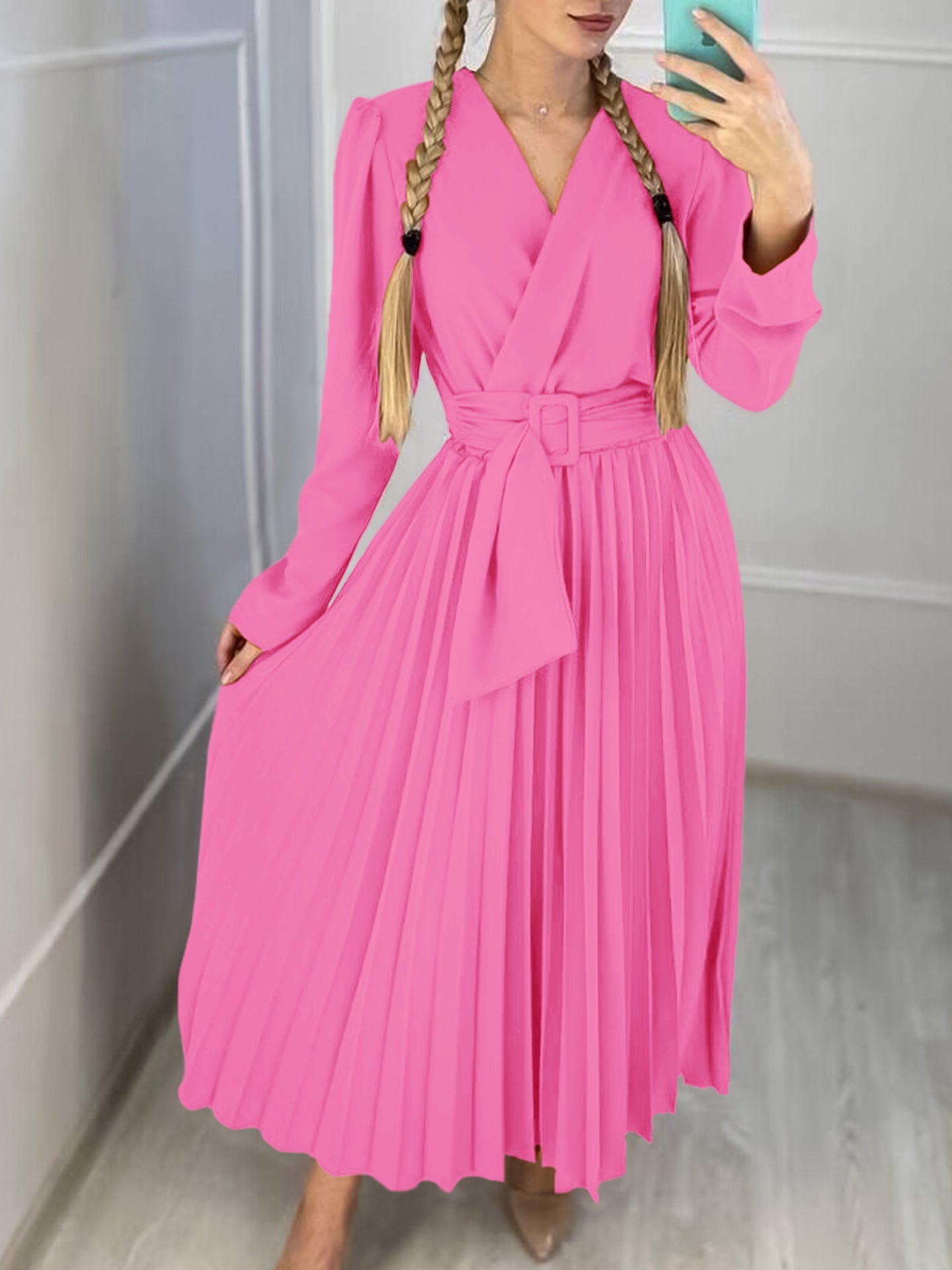 V-Neck Chic Elegant Slim Waist Belted Pleated High Waist Plus Size Dress