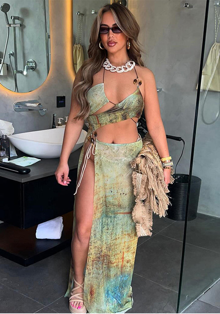 Summer Women's Sexy Hollow Fashion Print Strap Slit Long Dress