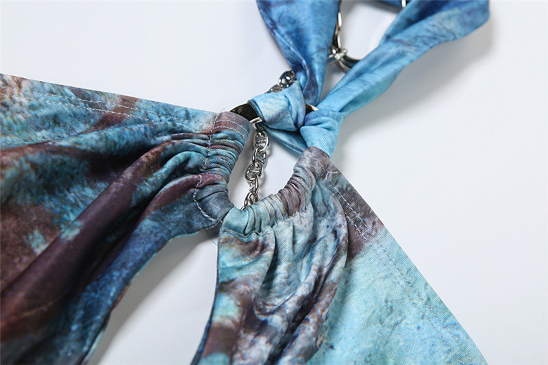 Women Spring Style Contrast Chain Sexy Cutout Halter Neck Bodycon Dress 9