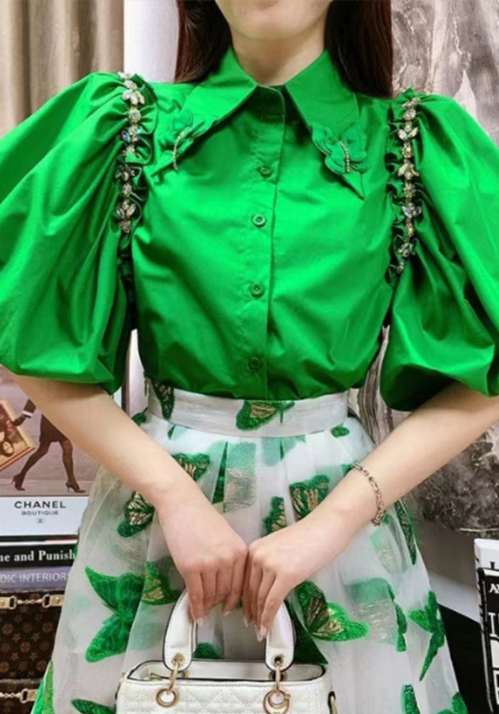 Embellished Rhinestone Chain Fashion Slit Retro Puff Sleeve Shirt