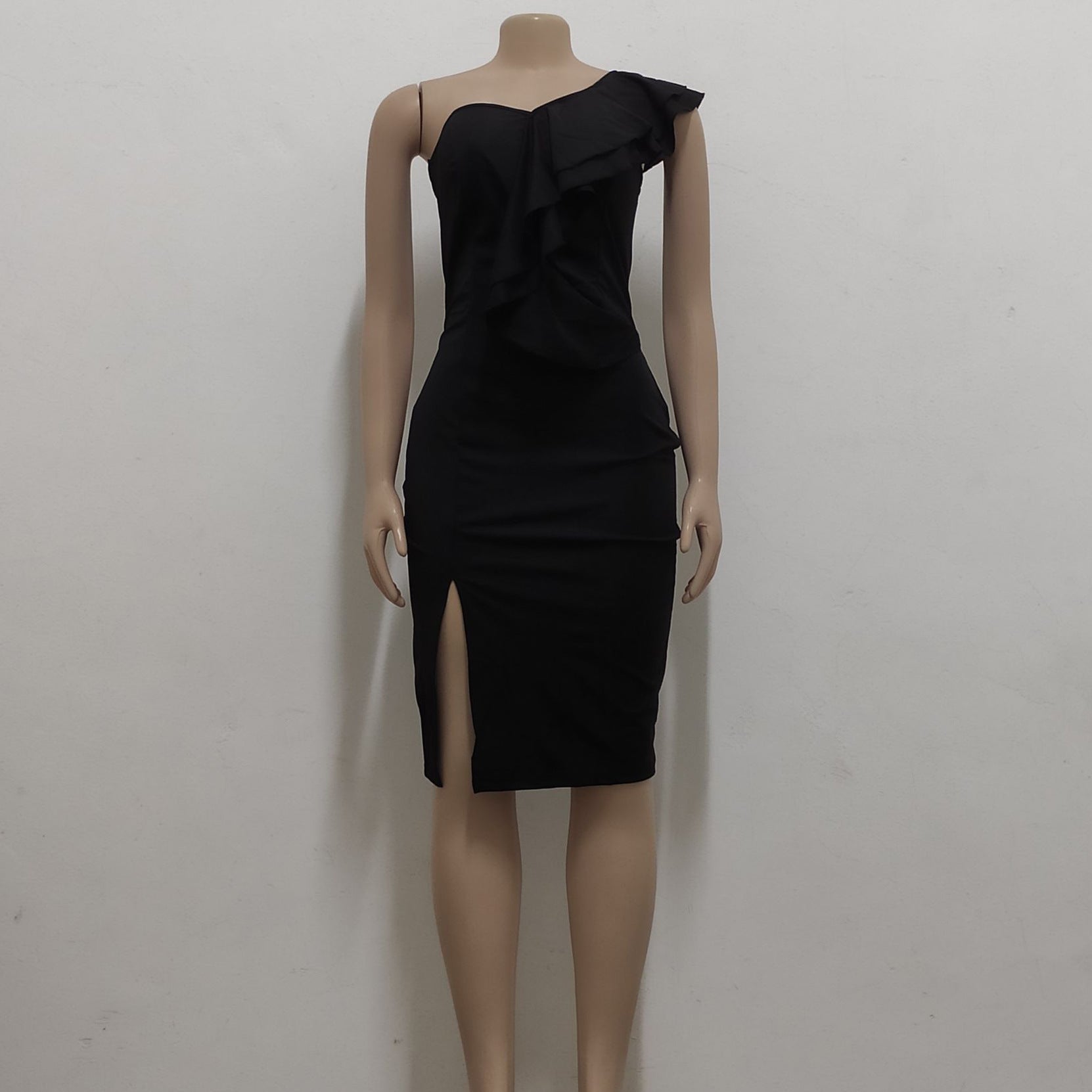 Women Sexy Solid One Shoulder Ruffle Dress 22