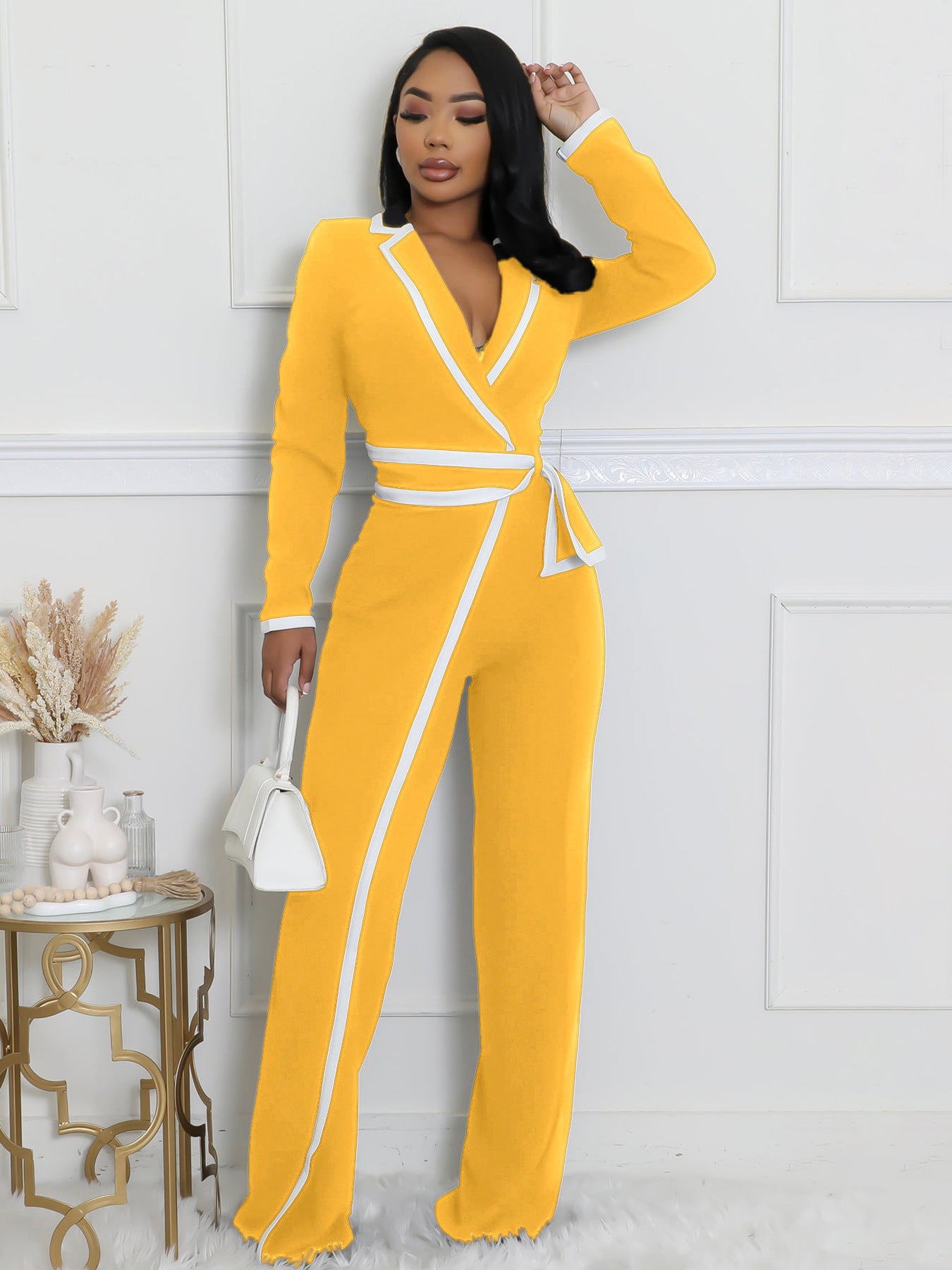 Women autumn and winter belt contrast color long-sleeved Jumpsuit 7