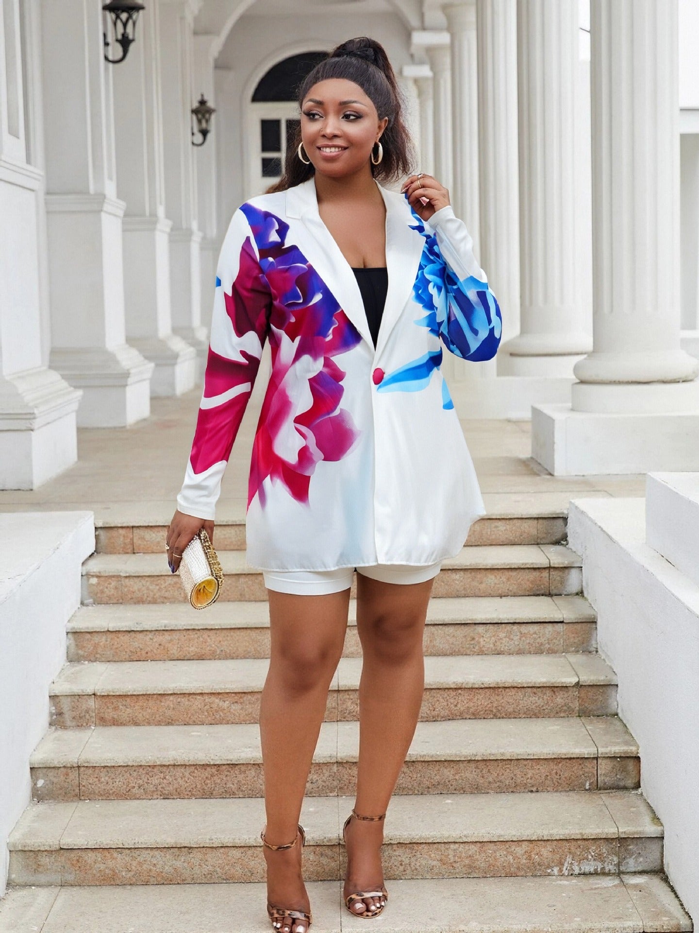 Plus Size Women spring and summer sexy long sleeve button Blazer shorts two-piece set 7