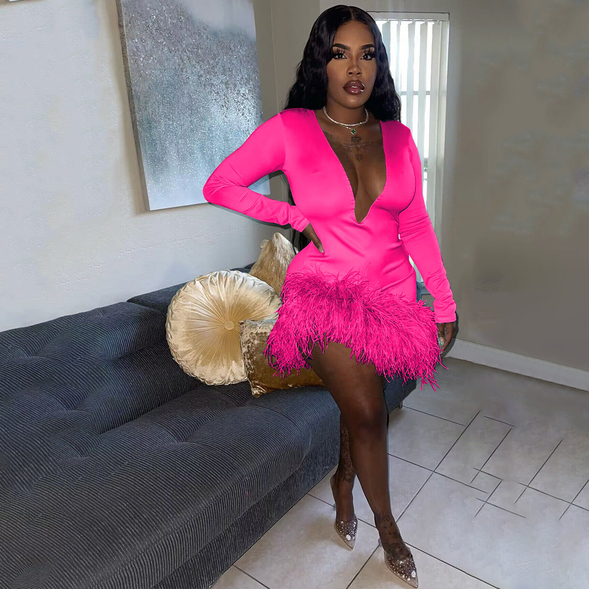 Autumn and winter sexy v-neck fringed dress 4