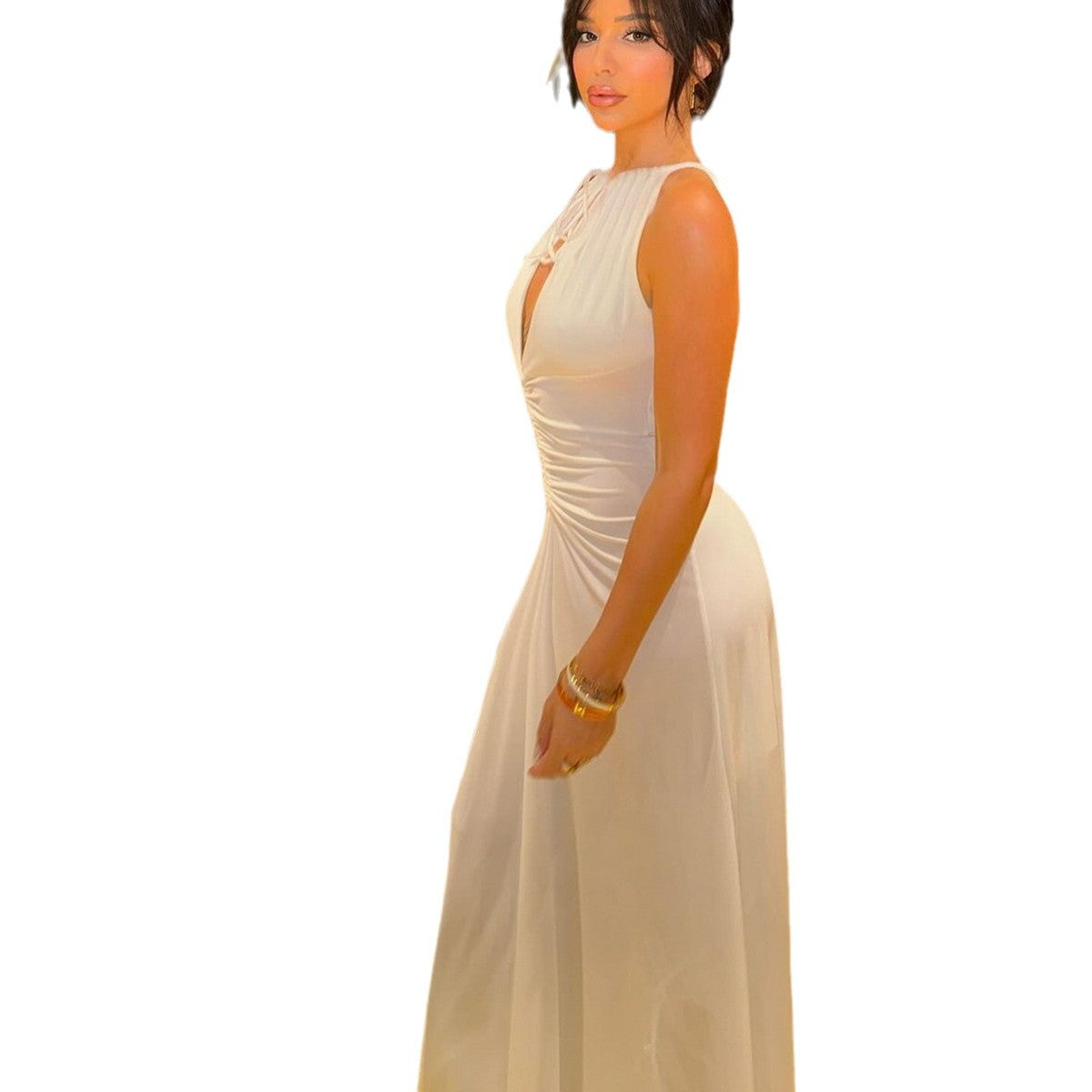 Women solid sexy sleeveless Halter Neck lace pleated dress 6