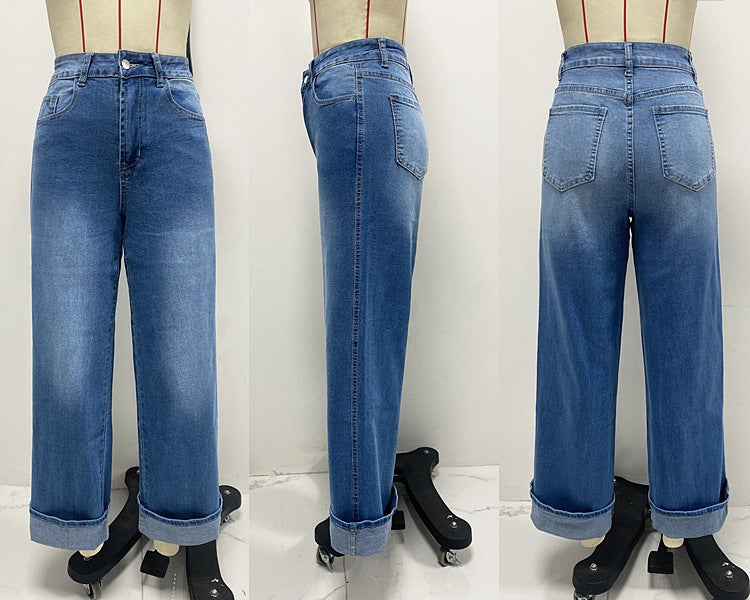 Spring High Waist  Elastic Straight Denim Pants For Women 11