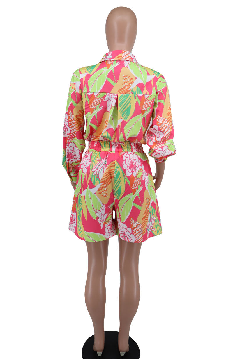 Women Spring Printed Shirt and Shorts Casual Two-piece Set 7