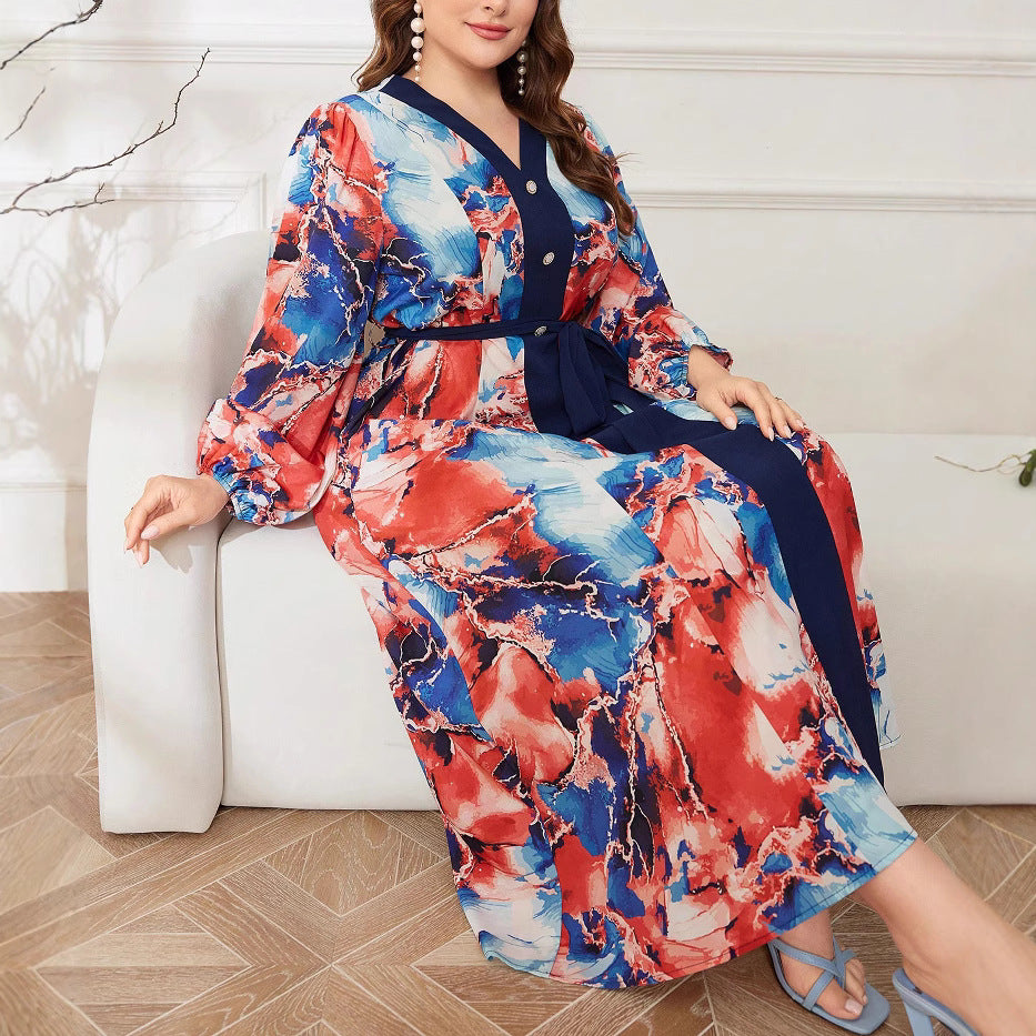 Plus Size Trendy Crisscross V-Neck Lantern Sleeve Slim Waist Print Chic Dress 5