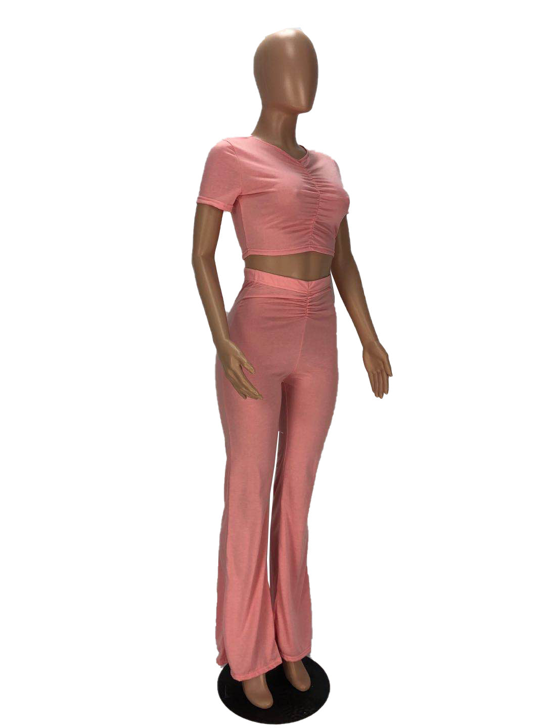 WomenPleat Short Sleeve Crop Top and Bell Bottom Pant Two-Piece Set 14