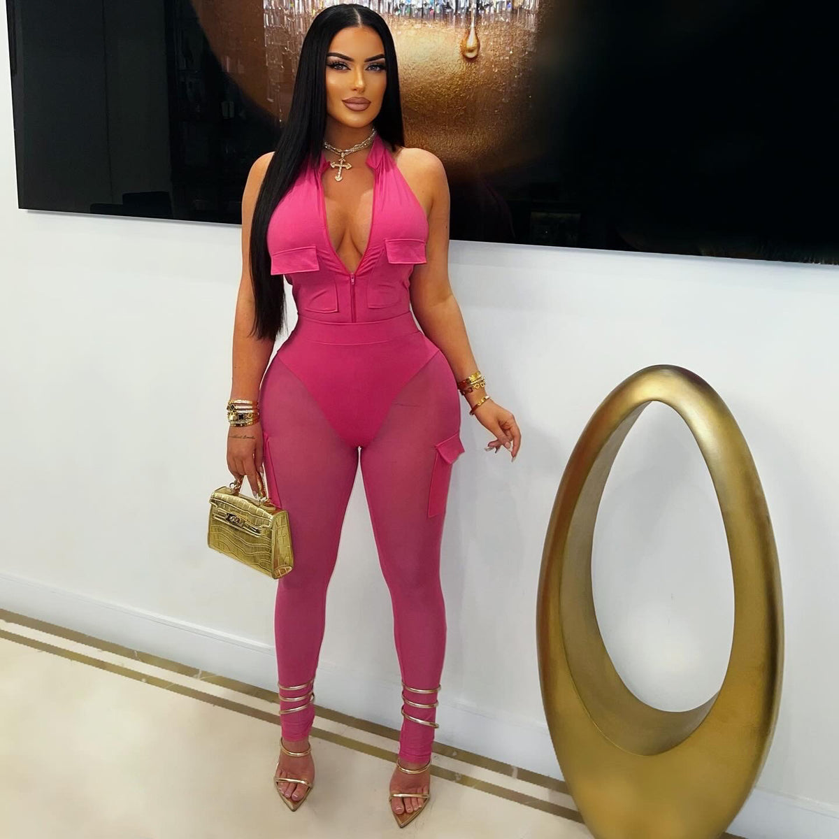 Summer Deep V-Neck Sleeveless Tight-Fitting Bodysuit Pocket Mesh Pants Set 3