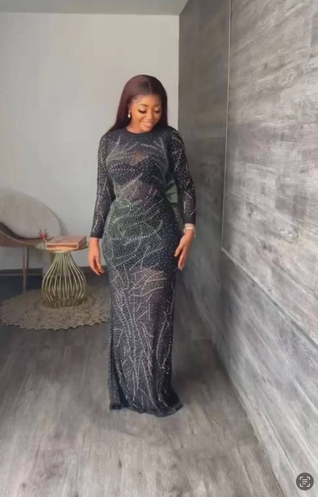 Women Long-Sleeved See-Through Mesh Beaded Sexy Bodycon Dress 3