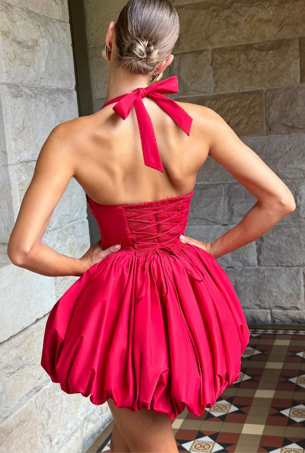 Women Summer Halter Neck Tie-Drawn Bow Puffy Dress 15