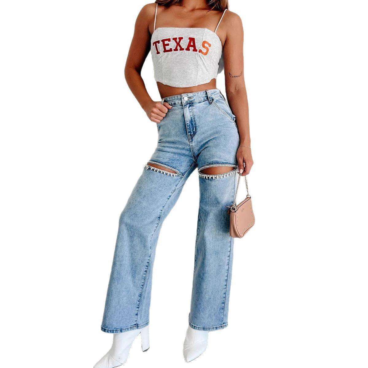 Summer Fashion Women's High Waist Chain  Ripped Straight Denim Pants 5