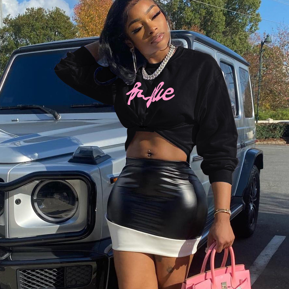 Women's Fashion Spring Autumn Patchwork Leather Skirt Two Piece Set 3