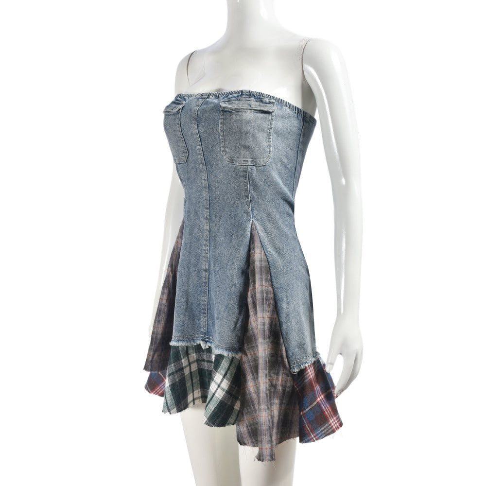 Women's Strapless Sexy Contrast Plaid Patchwork Stretch Denim Dress 9