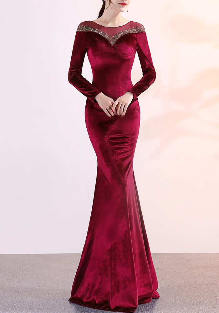 velvet Formal Party Evening Dress Winter Long Sleeve Corporate Annual Meeting Long Fishtail Party Dress