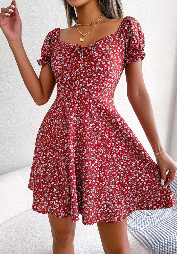 Women Casual Bell Bottom Sleeve Drawstring Floral Dress