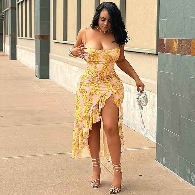 Summer women's sexy chic printed strap slit ruffle long dress