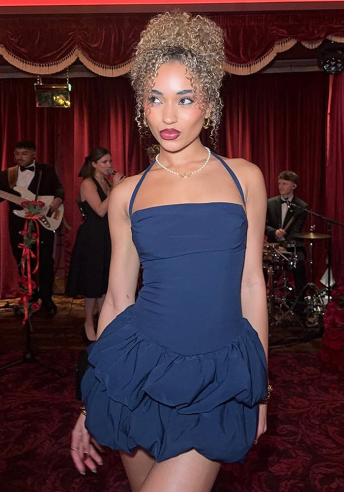 Spring Sexy Low Back Strapless Puffy Halter Neck Solid Color Puffy Short Dress